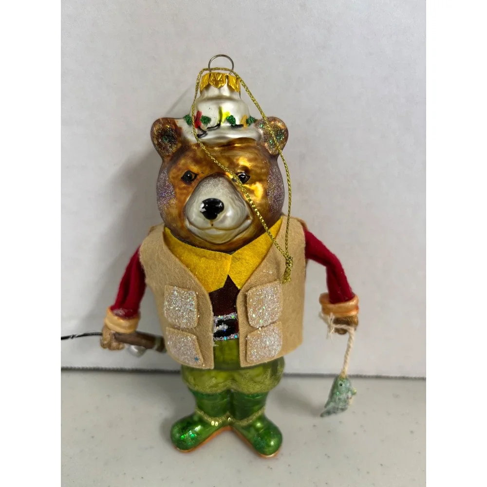Fishing Bear Mercury Glass‎ Christmas Ornament Brown Bear Fisherman Vest Waders